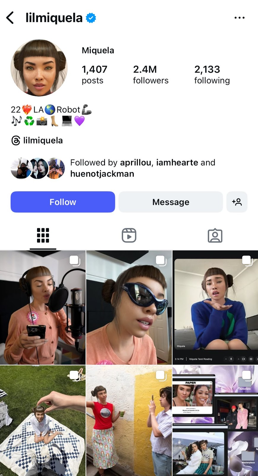 Mobile view of Lil Miquela's Instagram profile