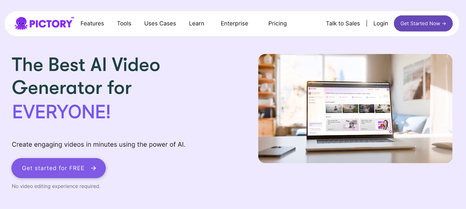 View of Pictory's website home page