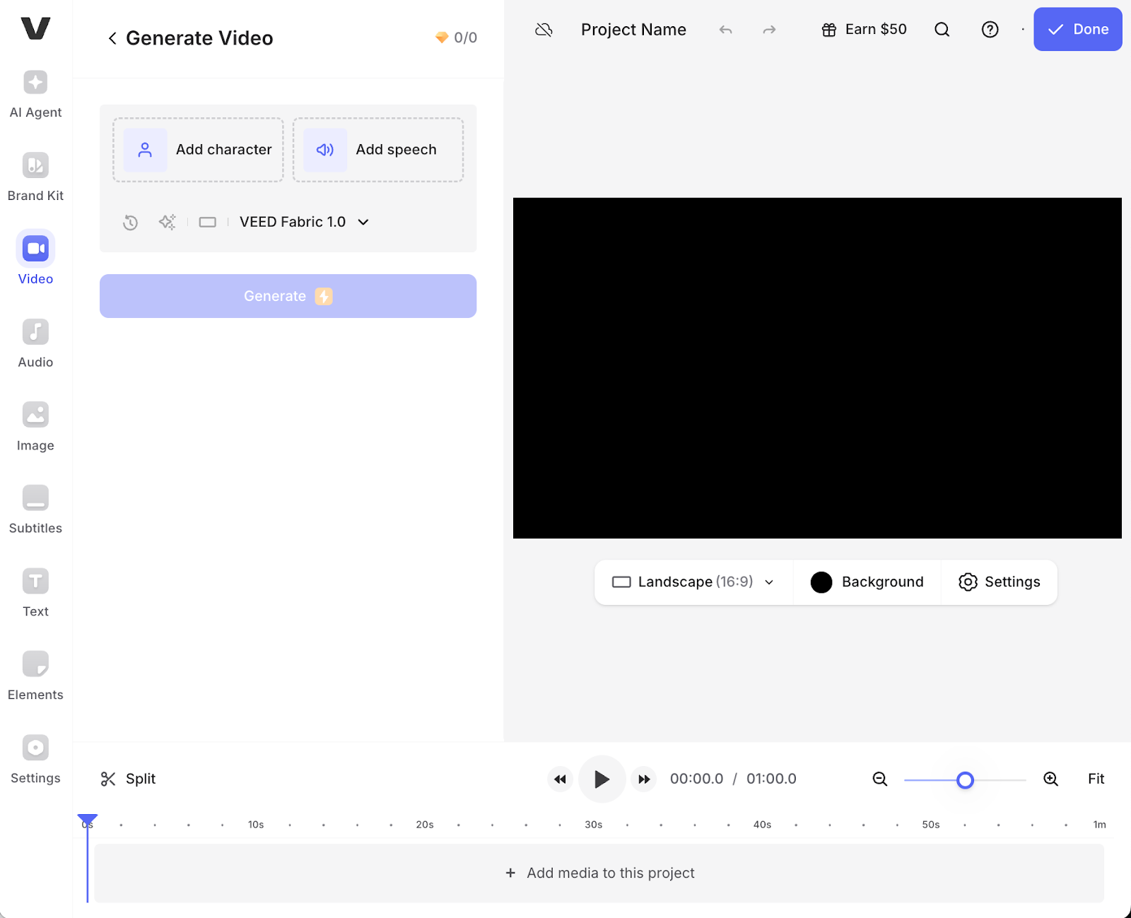 View of the AI Playground showing how to create using VEED Fabric 1.0