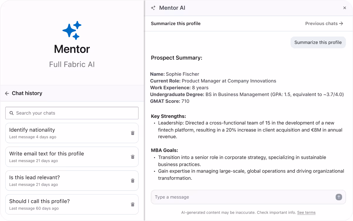 Mentor AI interface showing a prospect summary for Sophie Fischer, Product Manager with 8 years experience, highlighting leadership strengths and MBA goals.
