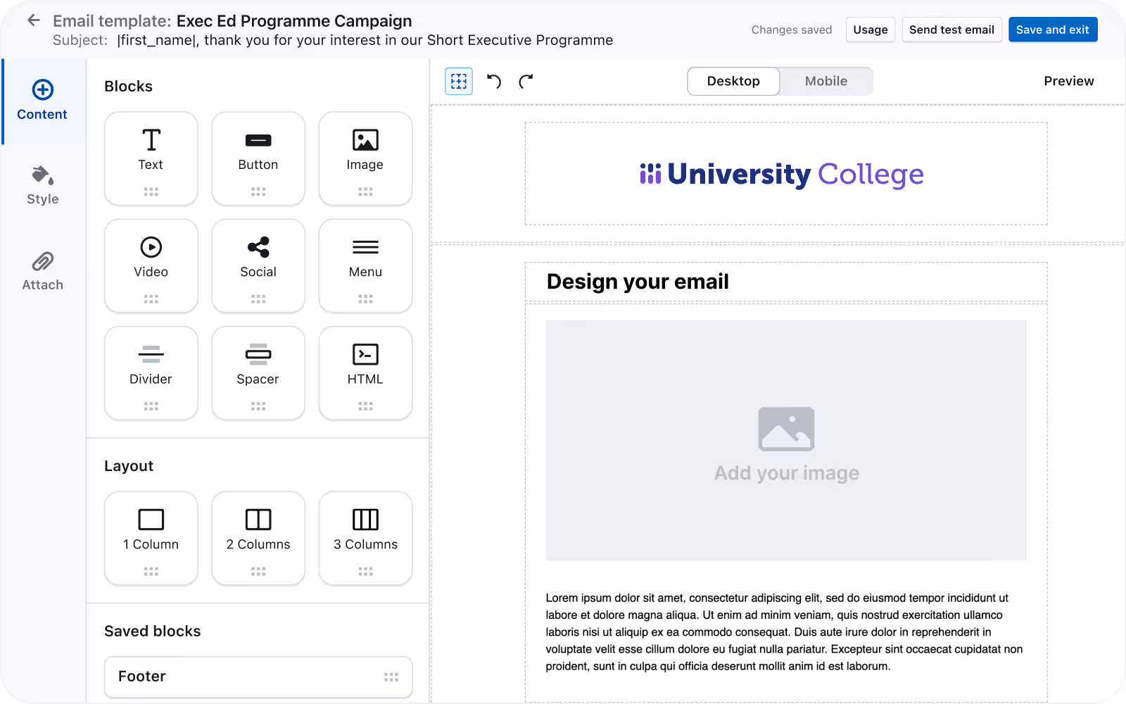 Email template editor interface showing blocks like Text, Button, Image, and layout options with a preview of a University College campaign email.