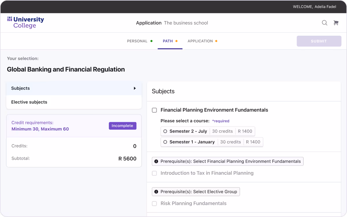 University College application page showing subject selection for Global Banking and Financial Regulation with course options for Financial Planning Environment Fundamentals and elective subjects.