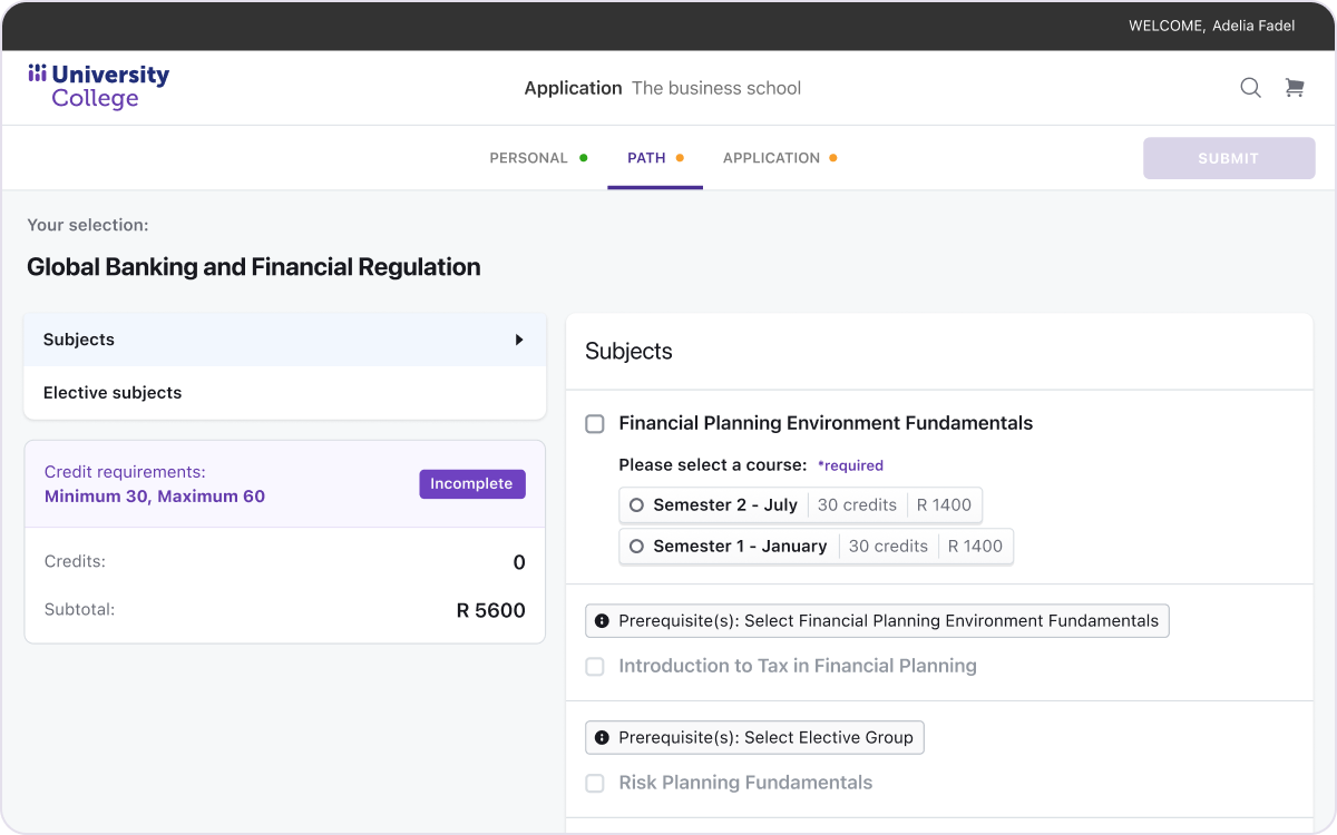 University College application page showing subject selection for Global Banking and Financial Regulation with course options for Financial Planning Environment Fundamentals and elective subjects.
