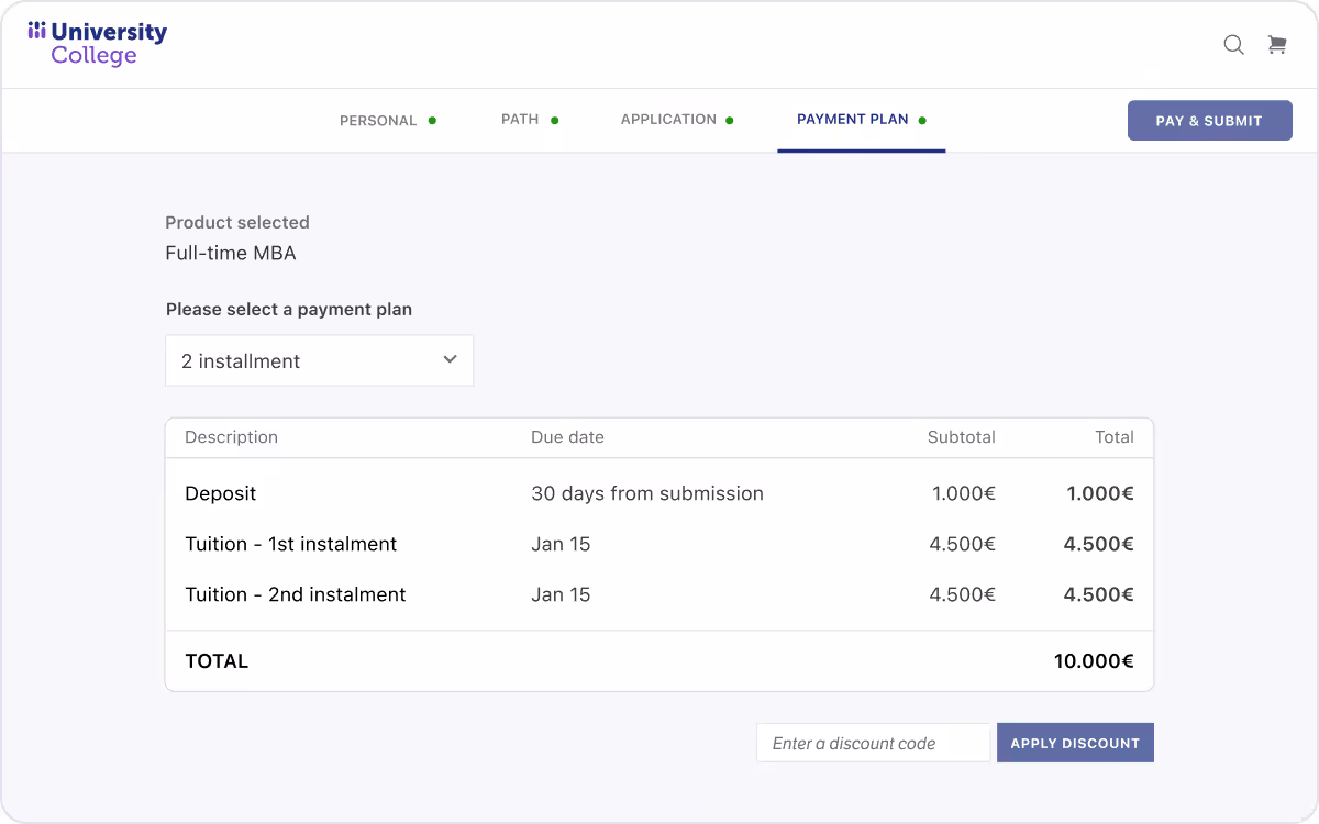 University College payment plan page showing Full-time MBA with 2 installment option, listing deposit of 1,000€, tuition installments of 4,500€ each, total 10,000€.