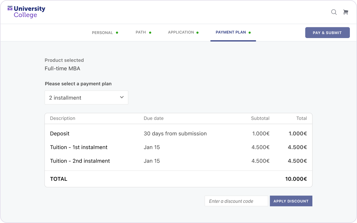 University College payment plan page showing Full-time MBA with 2 installment option, listing deposit of 1,000€, tuition installments of 4,500€ each, total 10,000€.