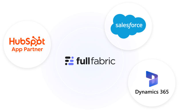 Full Fabric logo at the center with HubSpot App Partner, Salesforce, and Dynamics 365 logos around it.