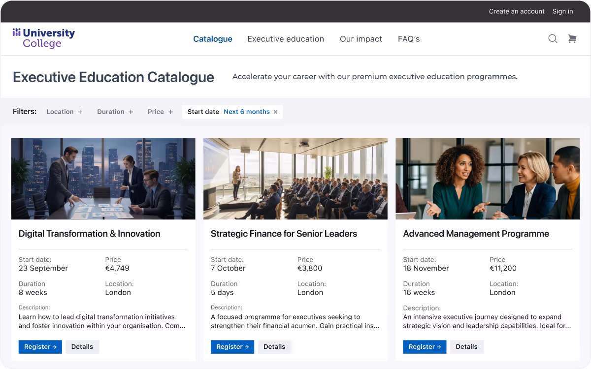 University College Executive Education Catalogue webpage showing three programs: Digital Transformation & Innovation, Strategic Finance for Senior Leaders, and Advanced Management Programme, each with start dates, prices, duration, location, and register buttons.