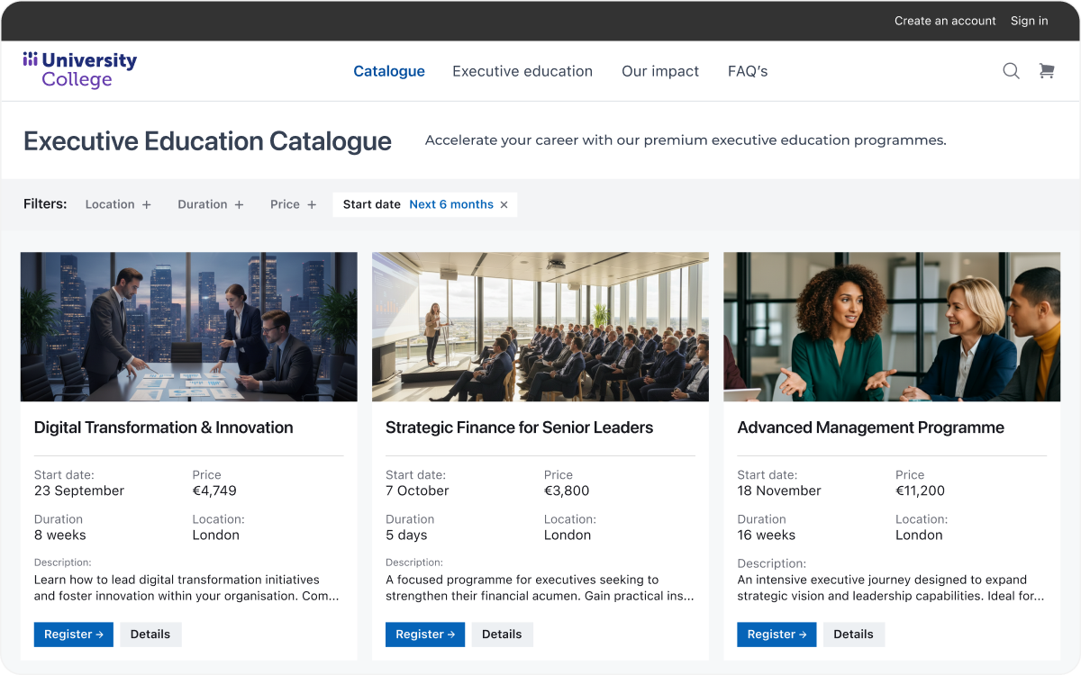 University College Executive Education Catalogue webpage showing three programs: Digital Transformation & Innovation, Strategic Finance for Senior Leaders, and Advanced Management Programme, each with start dates, prices, duration, location, and register buttons.