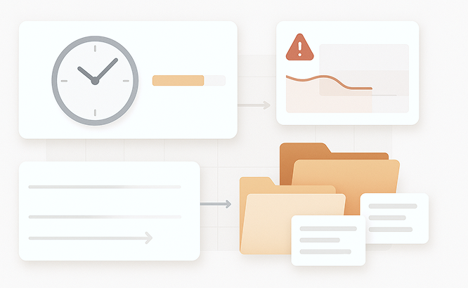 Diagram showing a clock with a progress bar leading to a warning alert and a downward graph, alongside arrows pointing to folders with documents.