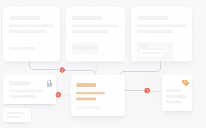 Abstract flowchart with interconnected white cards, some marked with orange warning icons, one with a lock icon, and one with a tag icon, on a light background.