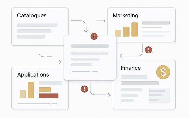 Diagram showing interconnected blocks labeled Catalogues, Marketing, Applications, and Finance with arrows pointing to a central block marked with warning icons.