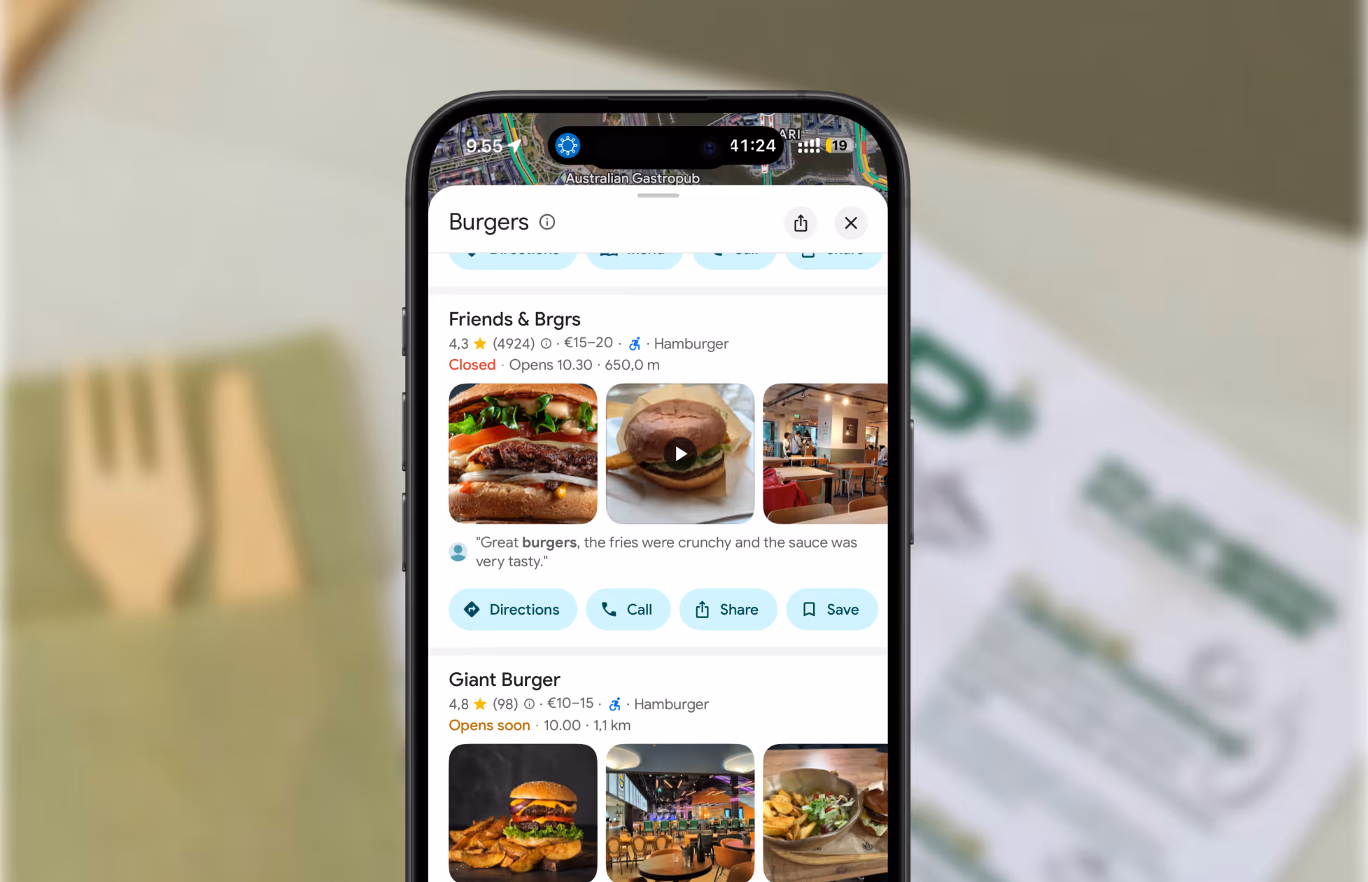 A screenshot of restaurants on Google Maps. 