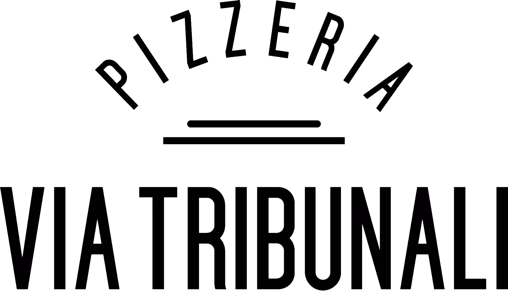 Black and white logo with the word 'PIZZERIA' arched above two horizontal lines and 'VIA TRIBUNAL' in bold capital letters below.