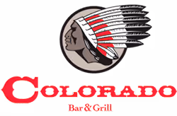 Logo featuring a Native American profile with a feathered headdress above the text 'Colorado Bar & Grill' in red and black.
