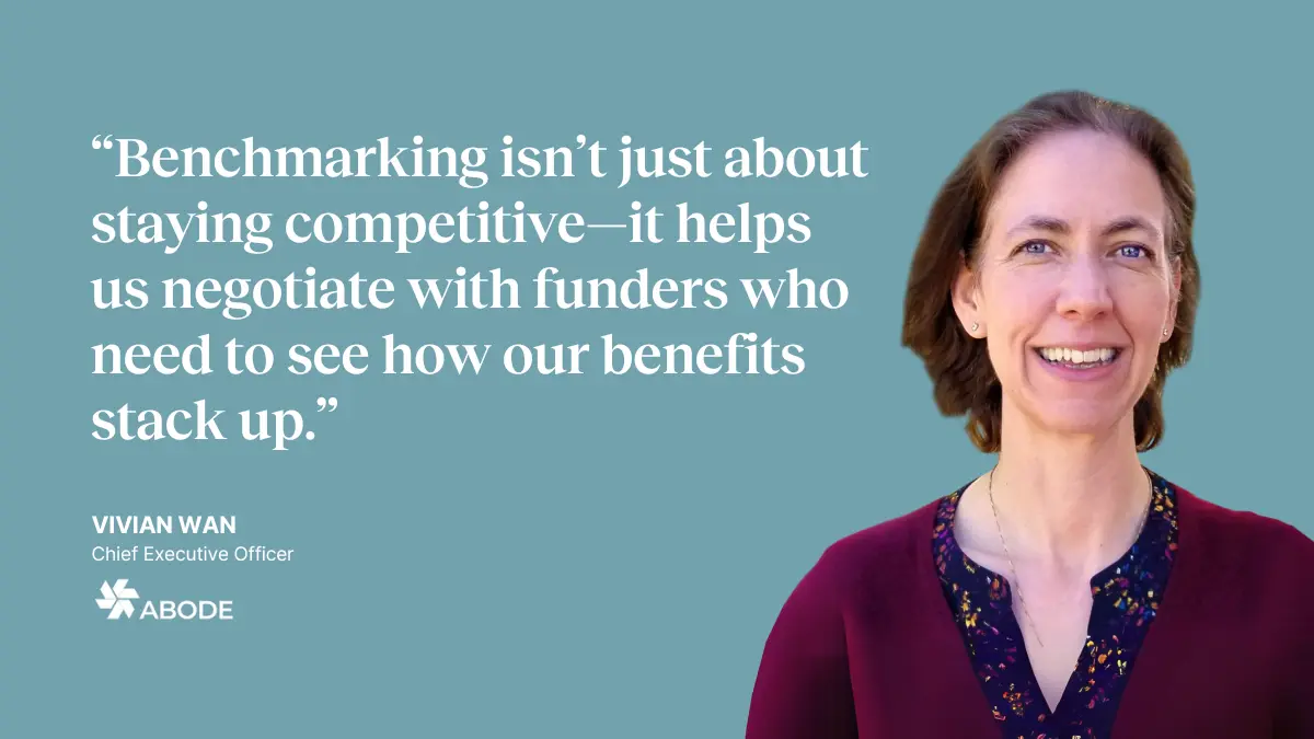 Picture of Vivian Wan with quote: “Benchmarking isn’t just about staying competitive—it helps us negotiate with funders who need to see how our benefits stack up.”
