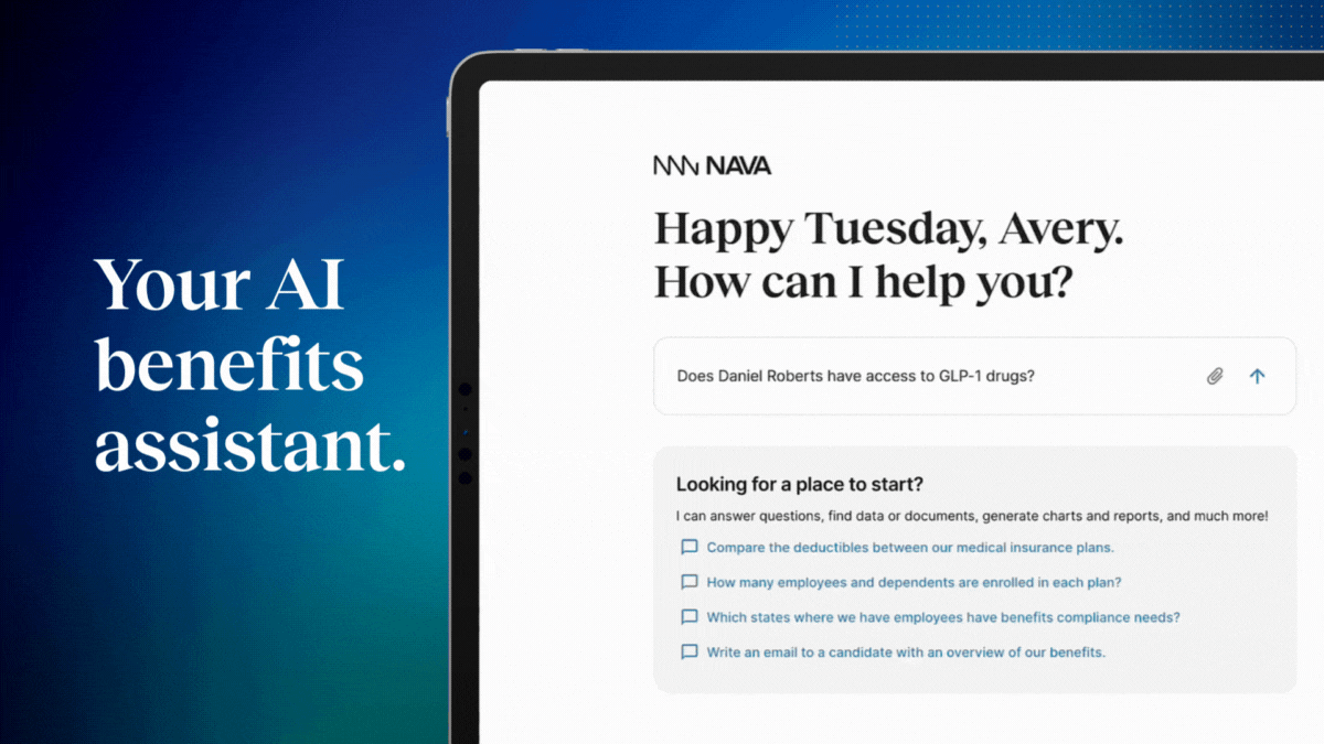 AI for HR assistant in Nava HQ shown answering employee benefits questions on screen, illustrating how HR teams can use AI to access data, documents, and insights instantly.