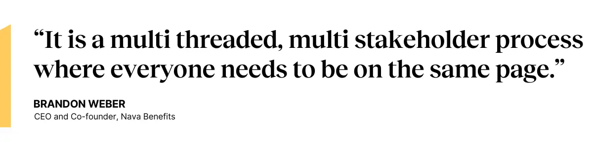 “It is a multi threaded, multi stakeholder process where everyone needs to be on the same page.” —Brandon Weber, CEO and Co-founder of Nava Benefits