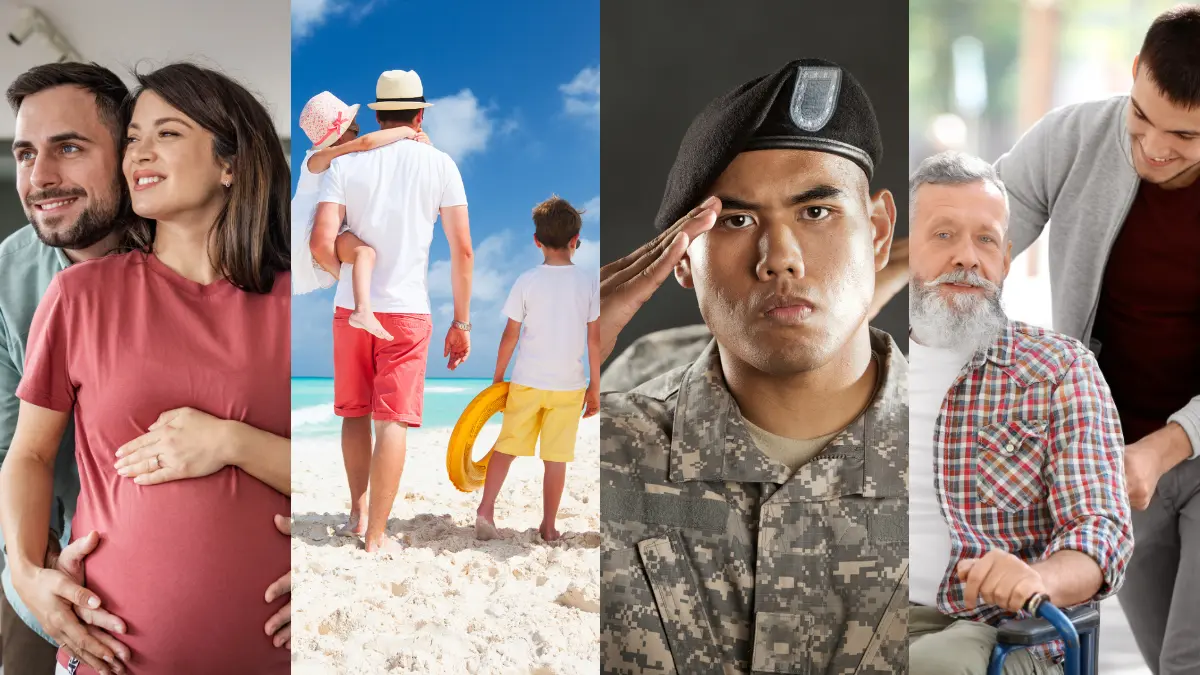 Four-panel image showing different types of family and personal leave: a pregnant couple embracing, a family with young children walking on the beach, a service member in camouflage uniform saluting, and a young man supporting an older adult in a wheelchair.