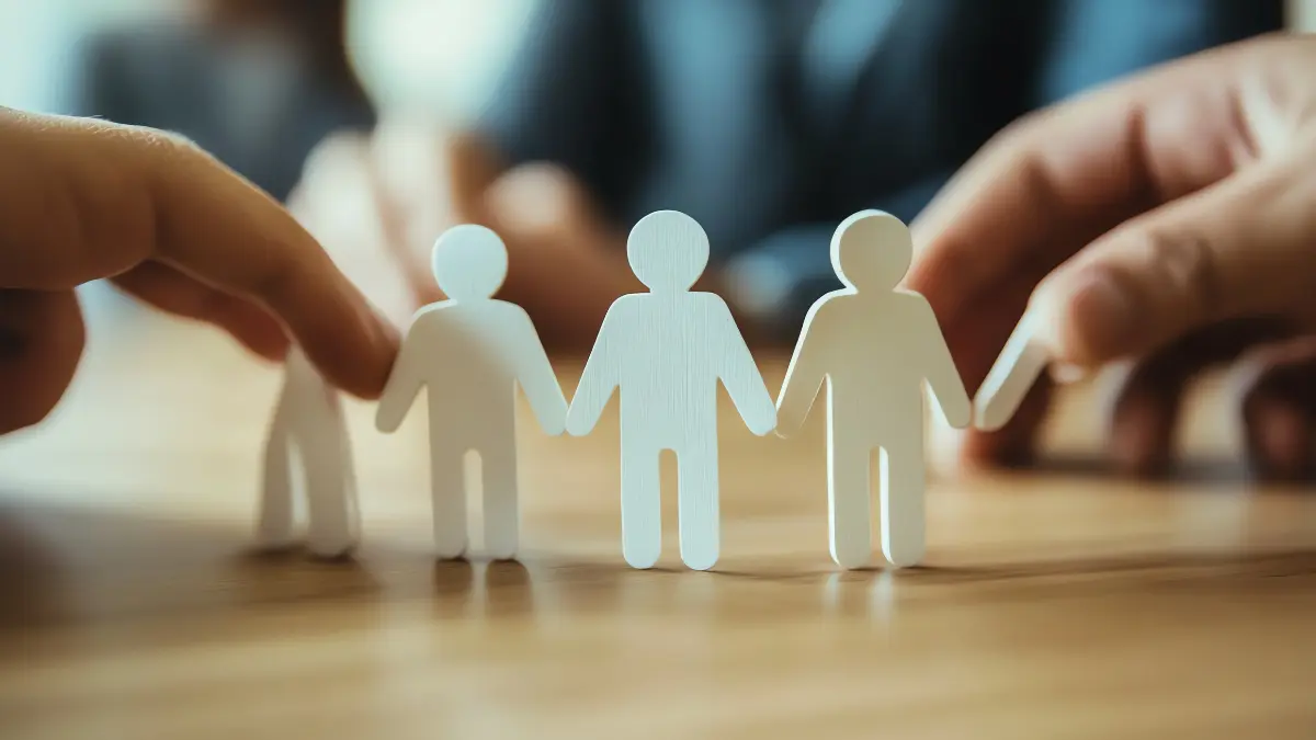 Hands surrounding paper cutout figures representing employee support and well-being.