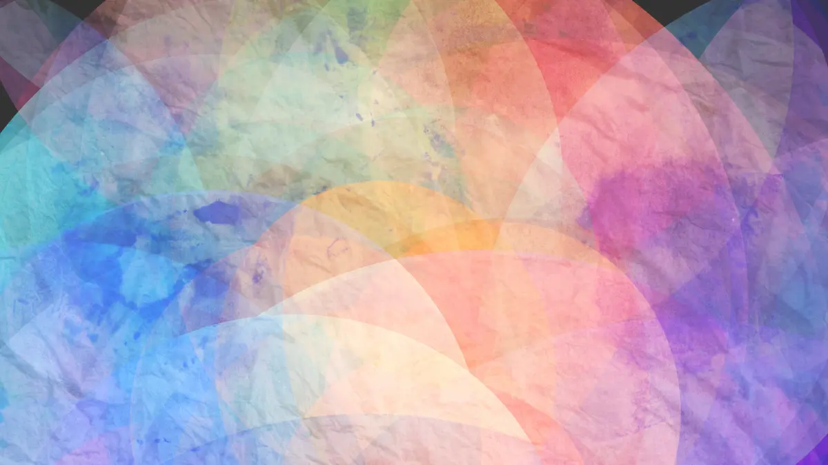 Abstract watercolor illustration of overlapping translucent fan shapes in blue, pink, purple, orange, and yellow on a textured paper background.
