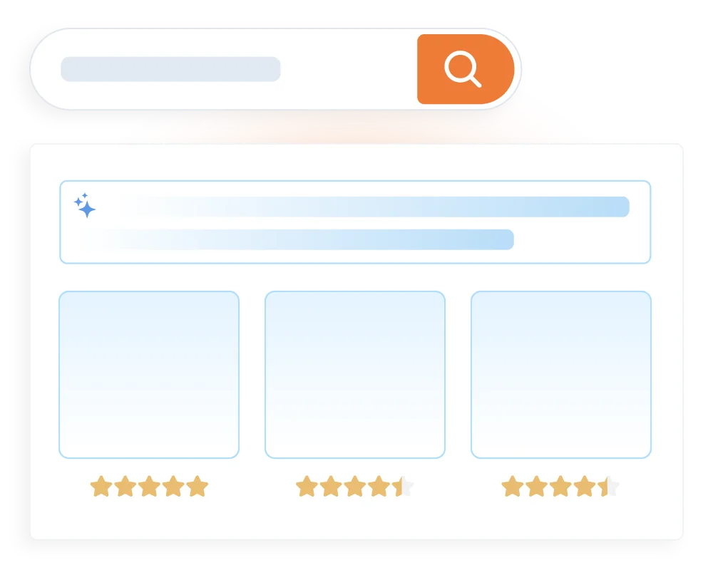 Illustration of a search bar with a smart response answering questions above three search results