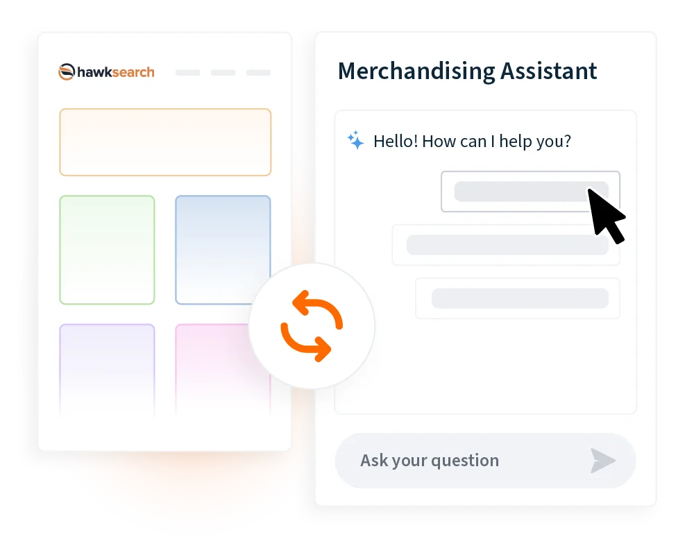 Interface showing a virtual merchandising assistant chat with greeting message and input field alongside a HawkSearch dashboard.