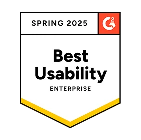G2 Spring 2025 Best Usability Enterprise award badge with G2 logo in orange square.