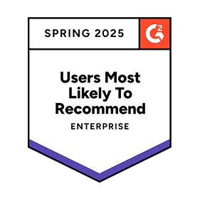 Spring 2025 G2 badge for Users Most Likely To Recommend in the Enterprise category.