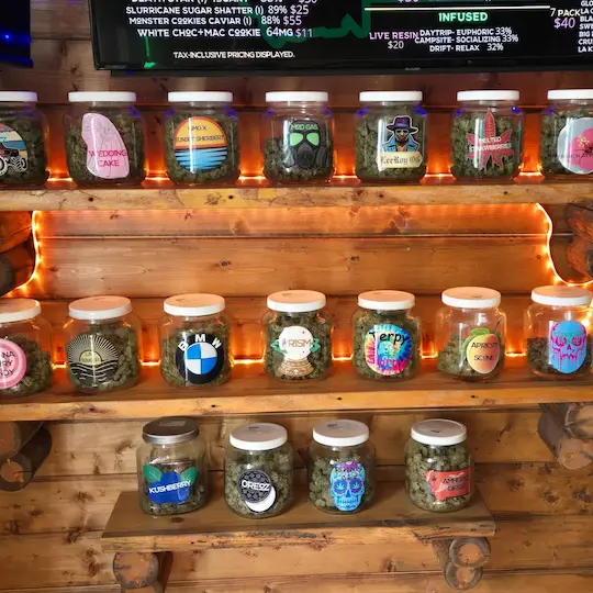 Wood shelves of transparent glass jars with various strains of cannabis flower