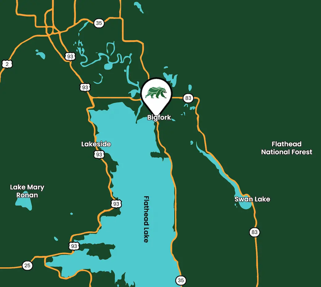 Map of Bigfork and Flathead Lake area with a pin marking the location of Beargrass Naturals dispensary