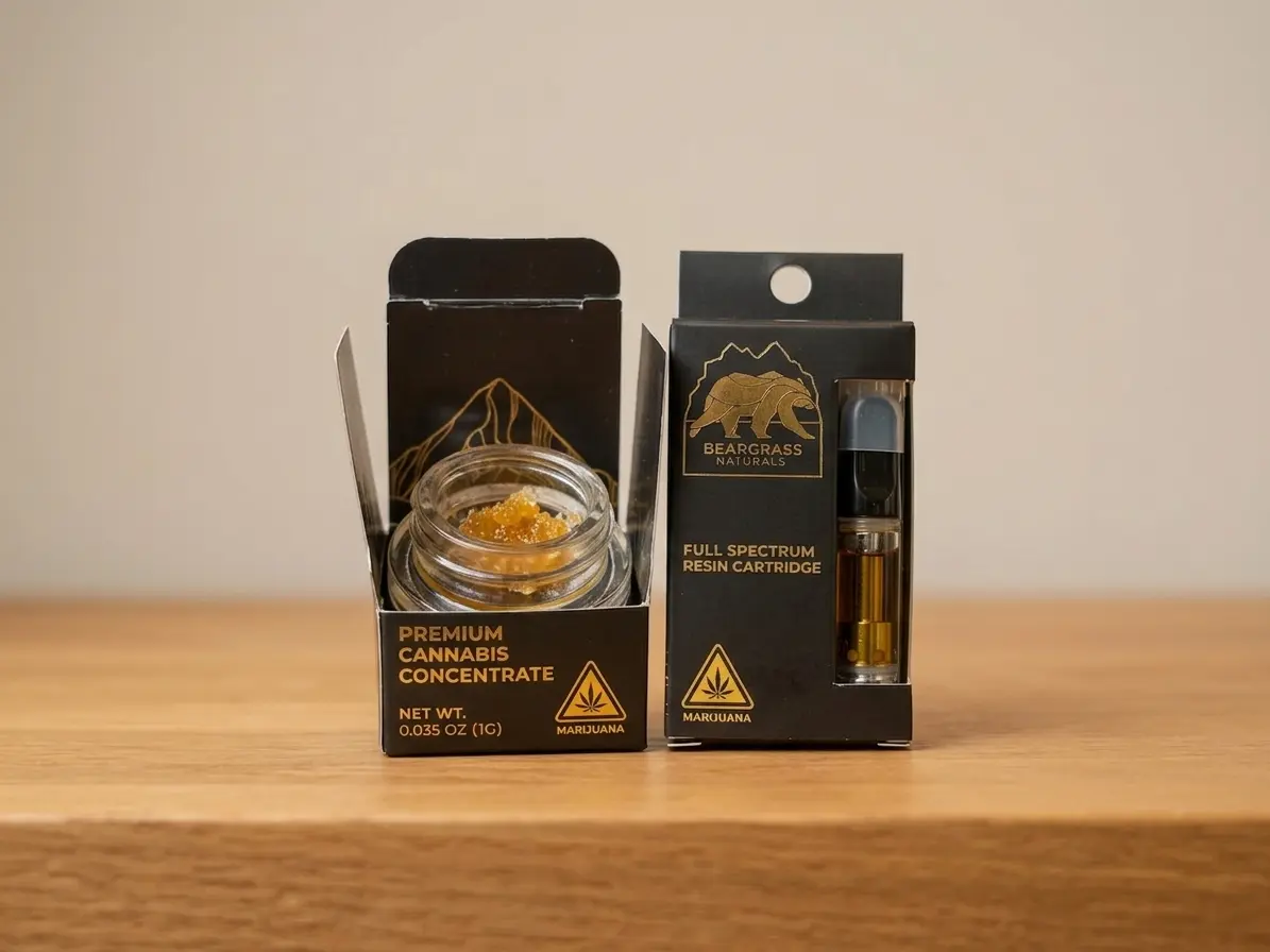 Two black Beargrass Naturals cannabis product boxes on a wooden surface; one open showing a jar with golden cannabis concentrate, the other containing a full spectrum resin cartridge with amber liquid inside.