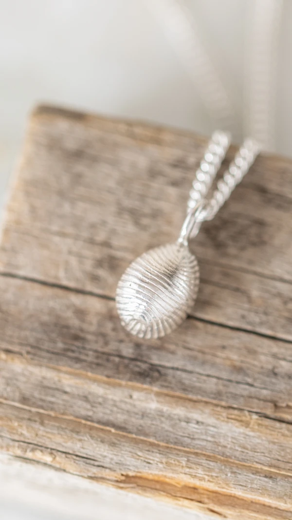 A Coastal inspired, handmade necklace with a cast cowry Shell in Silver, placed onto a small piece of wood. 