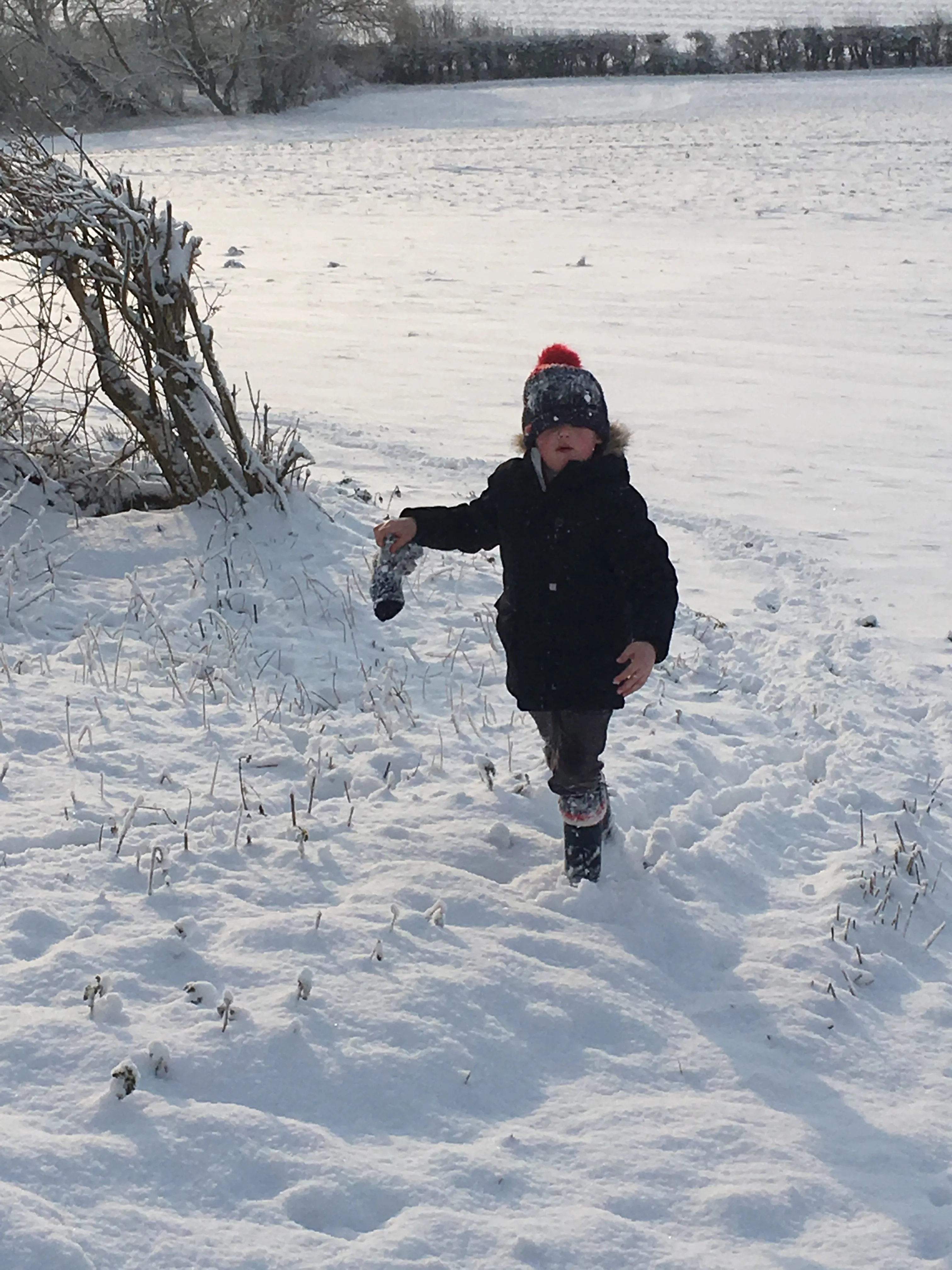 snowy day and small boy in winter clothes