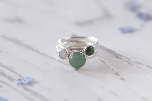 Inspired by Meadowsweet, this handmade silver ring set features Aventurine, Opal & Jade—symbols of love, happiness, and gentle strength.
