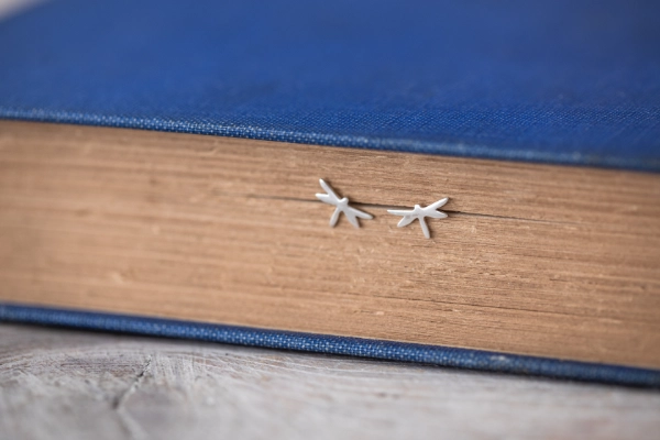 silver dragonfly stud earrings resting on pages of vintage blue book