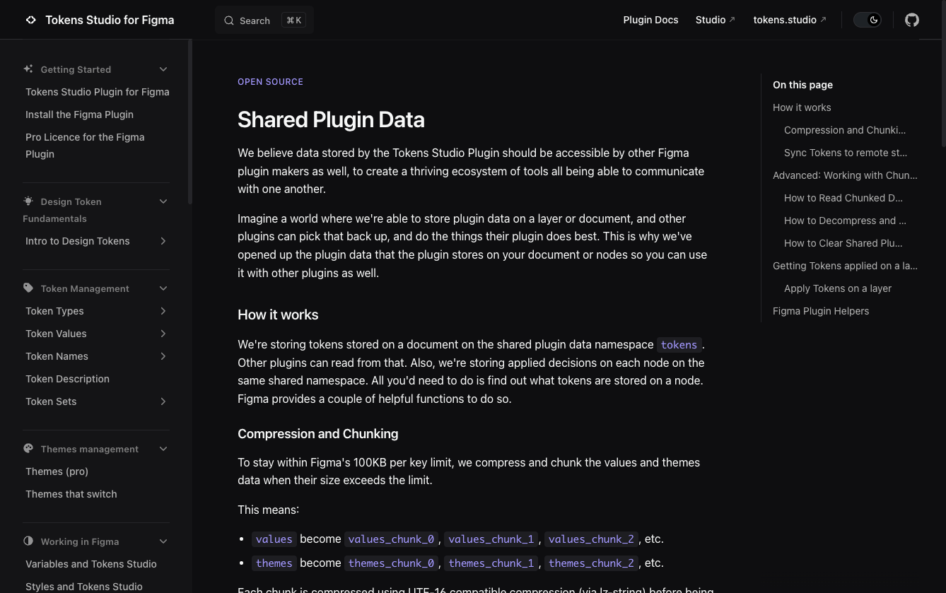 Tokens Studio documentation for shared plugin data, describing the token name stored on every layer