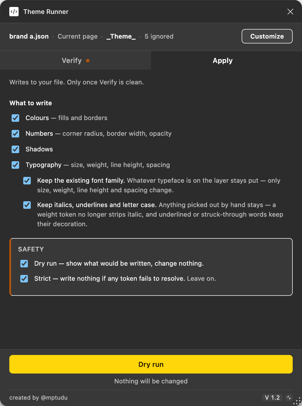 The Apply tab open in dry run mode, listing the full plan of intended writes