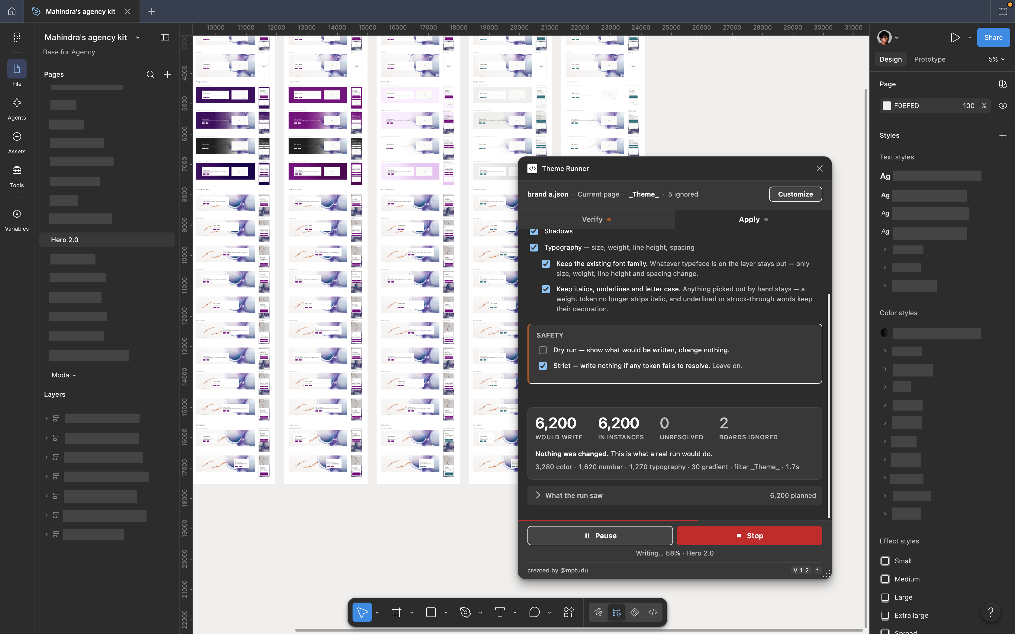 The full Figma interface with a theme applied across the component page