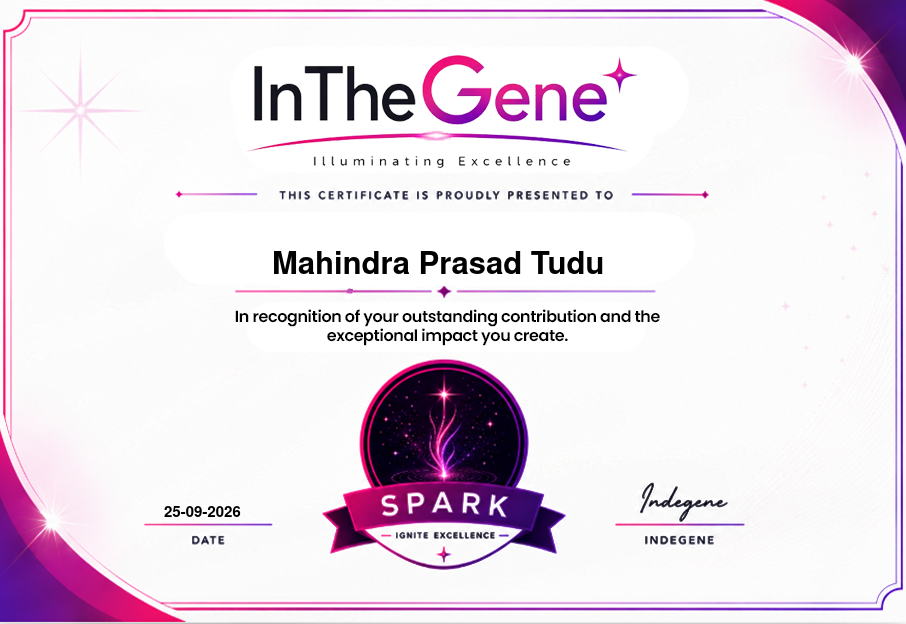 InTheGene Spark Award certificate presented to Mahindra Prasad Tudu by Indegene, dated 25 September 2026