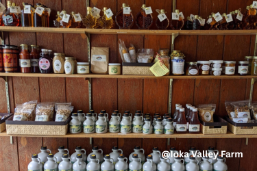 Wooden shelves at Ioka Valley Farm display maple syrup bottles, jugs, jars, and packaged treats for sale.