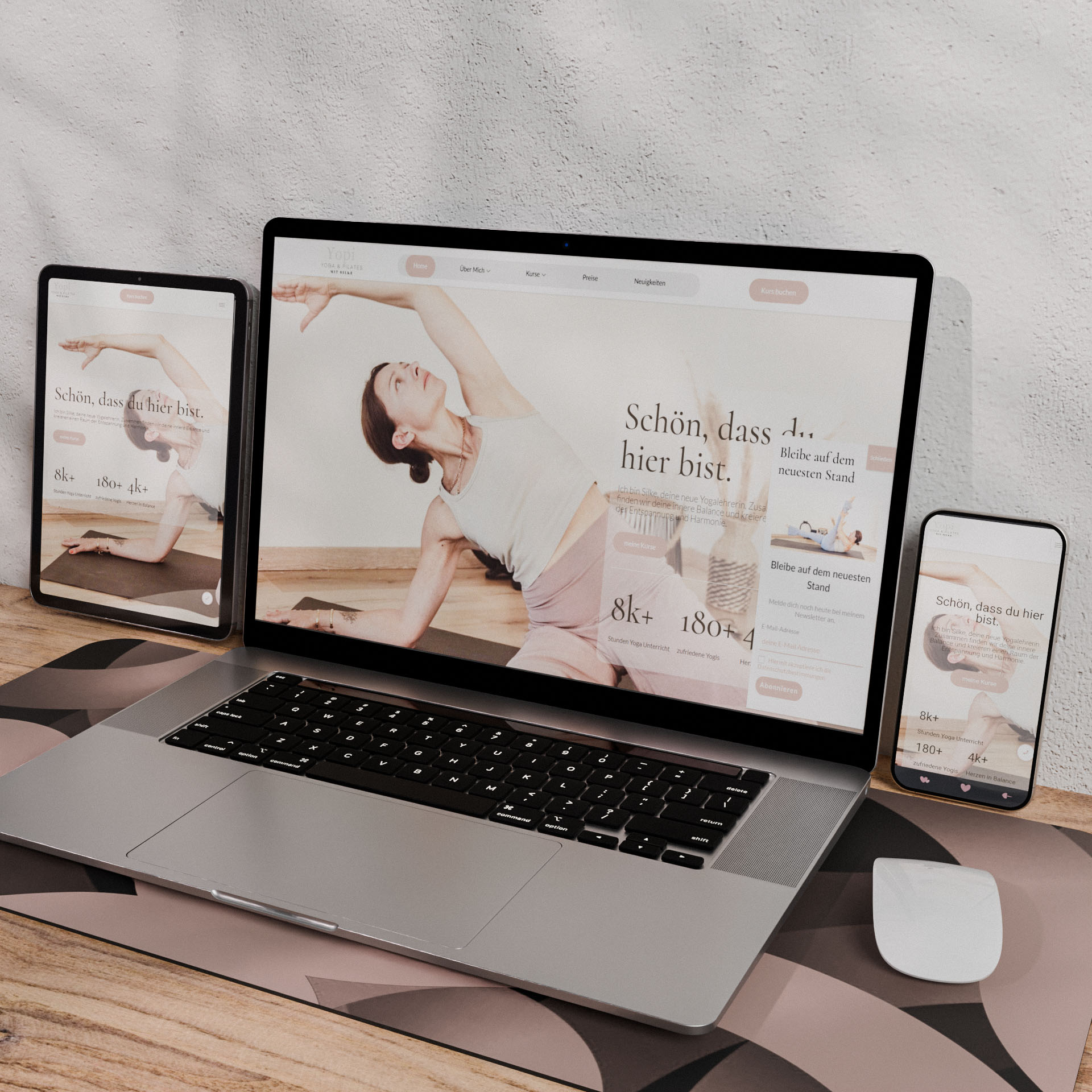 Website von Silke YoPi Yoga und Pilates aus Illertissen auf einem Laptop, Tablet und Smartphone