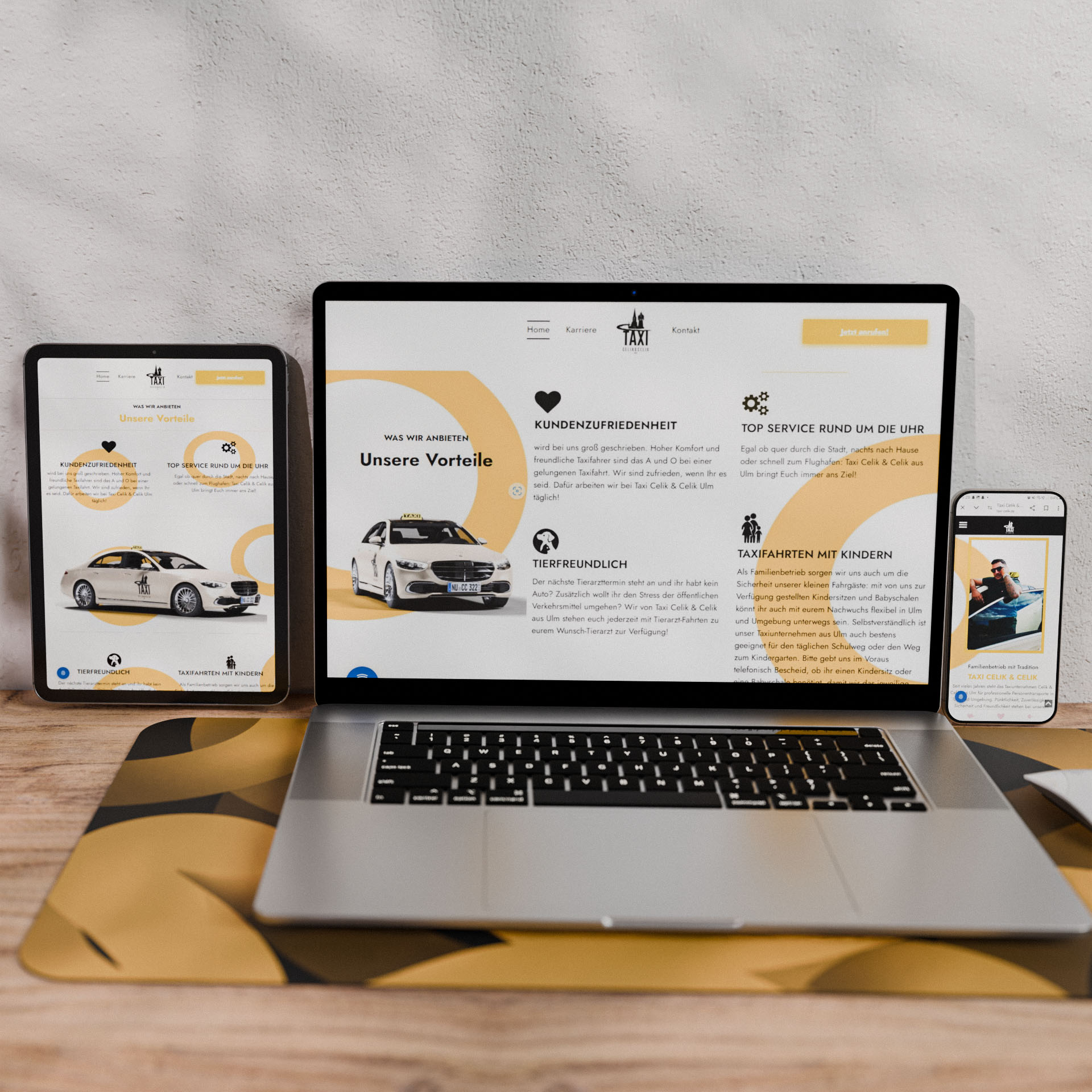 Website des Taxiunternehmens Taxi Celik aus Ulm auf einem Laptop, Tablet und Smartphone