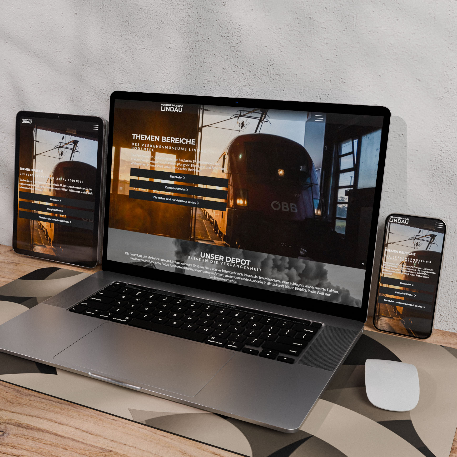 Website des Verkehrsmuseums Lindau Bodensee auf einem Laptop, Tablet und Smartphone