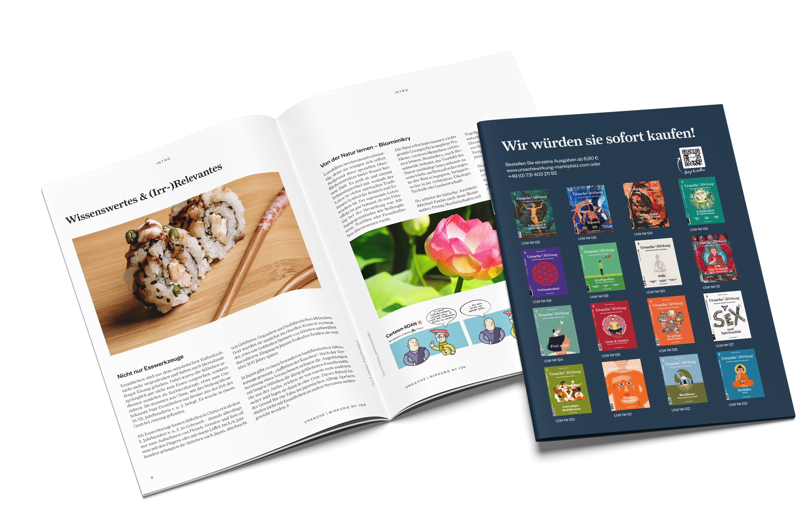 Doppelseite aus dem Magazin Ursache\Wirkung mit Bildstrecke und Textspalten