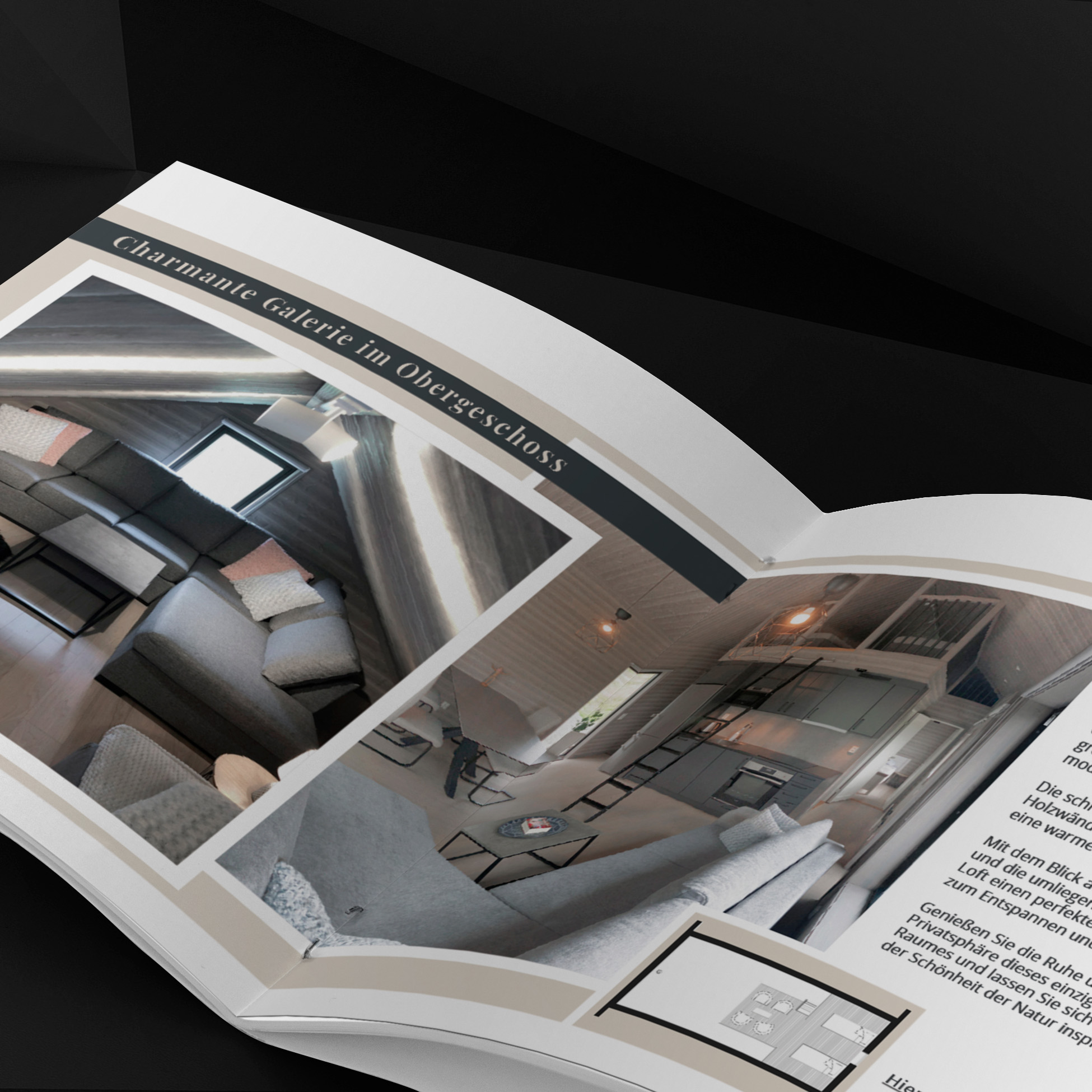 Detailaufnahme der Ferienhaus-Broschüre mit Textspalten