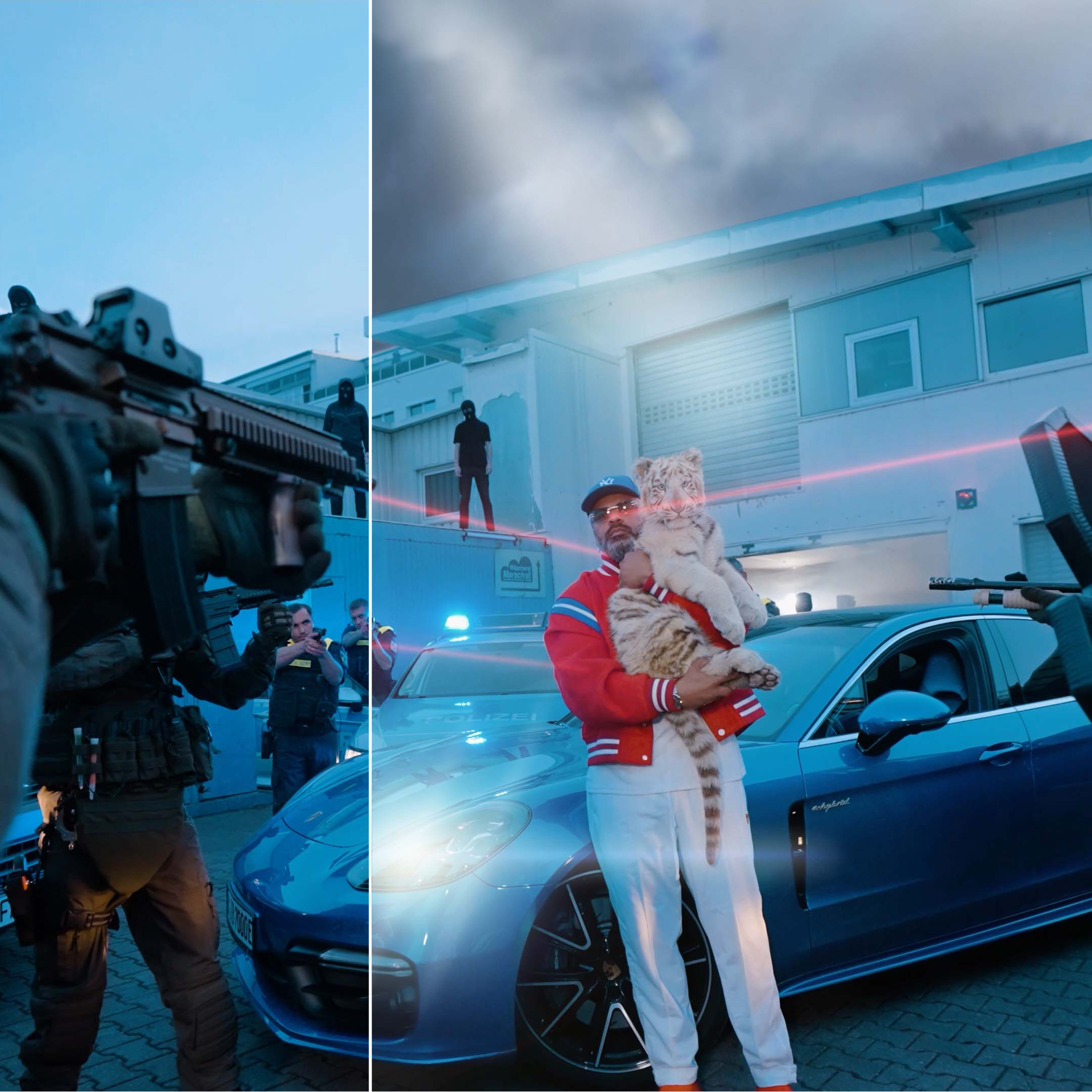 Szene aus dem Musikvideo Arab Wave mit Fahrzeug und Lichtakzenten, Vorher- Nachher Darstellung
