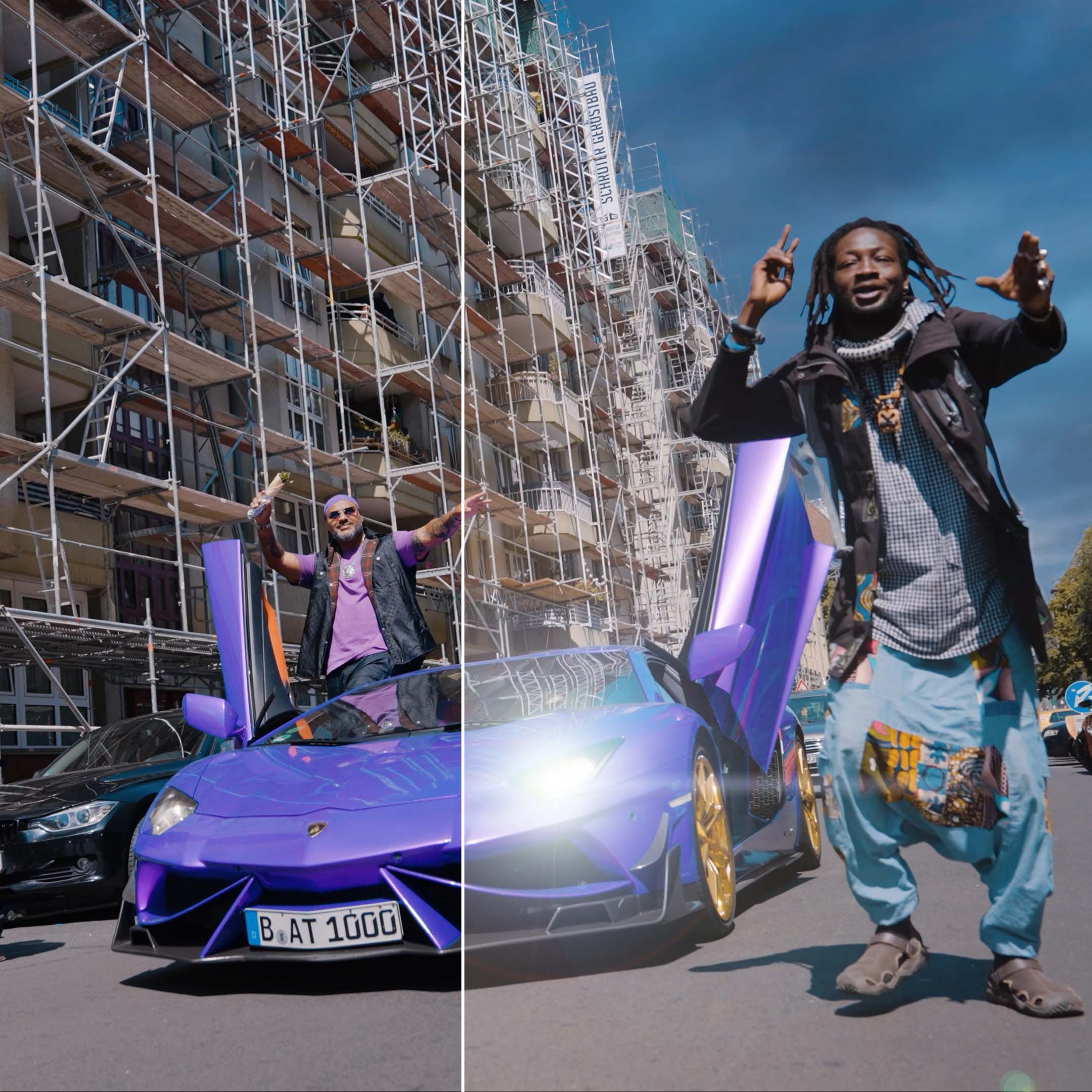 Szene aus dem Musikvideo Arab Wave mit Fahrzeug vor einem Gebäude, Vorher- Nachher Darstellung