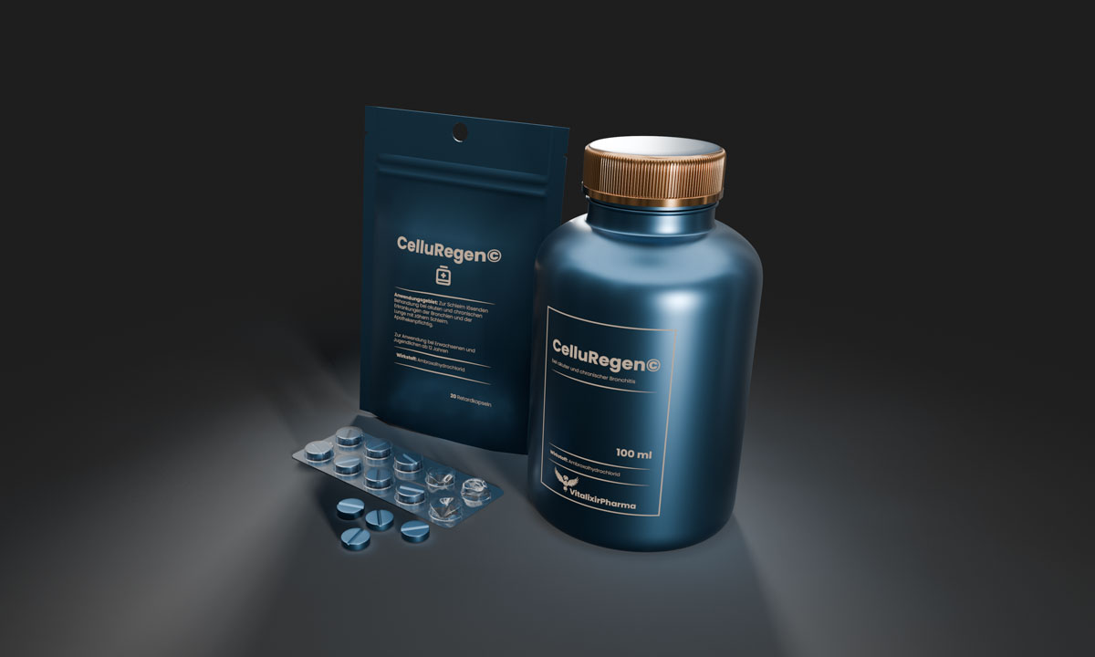 Produktrendering von CelluRegen in Blau mit Dose, Beutel und Blister