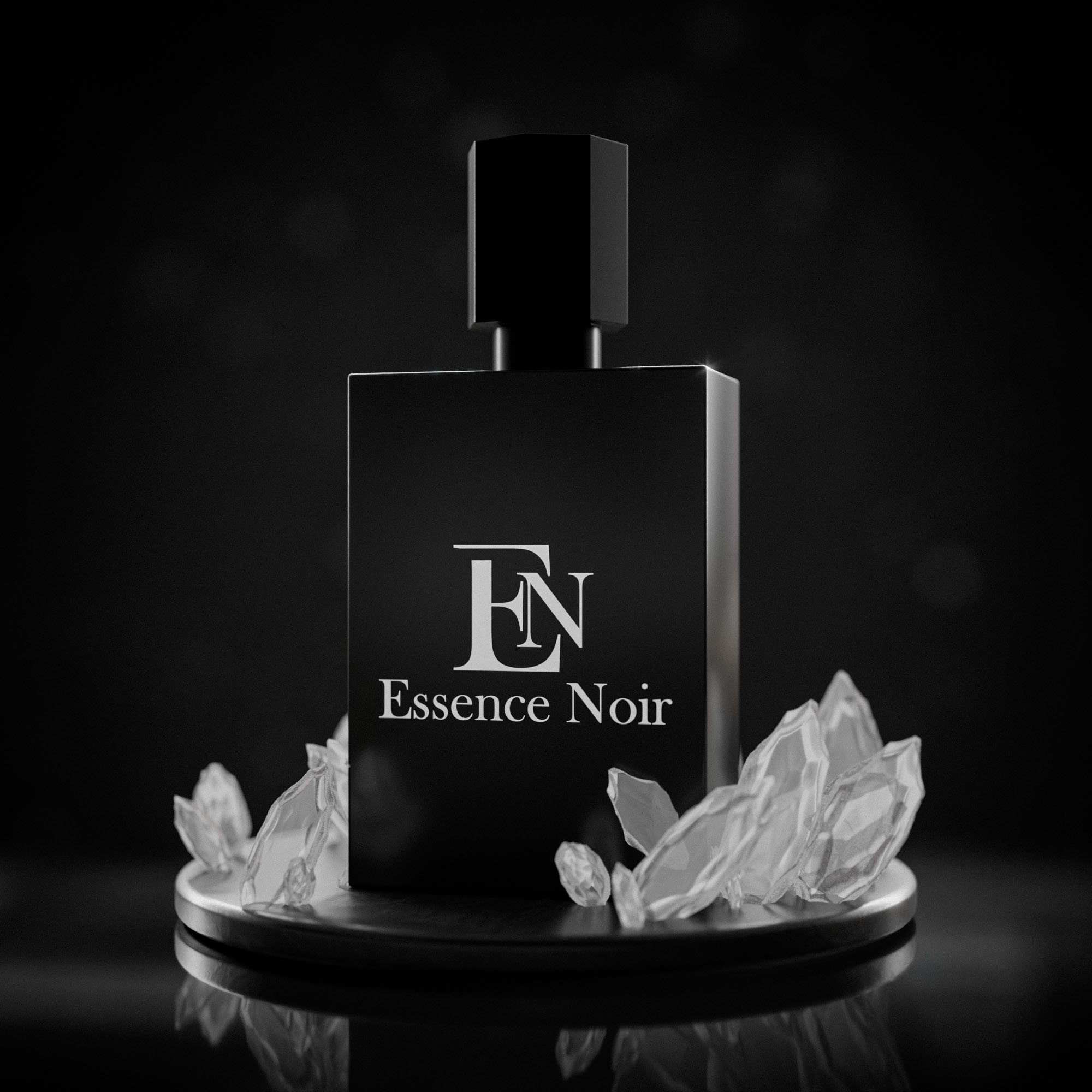 Rendering des Parfums Essence Noir mit Eiskristallen auf einem Podest
