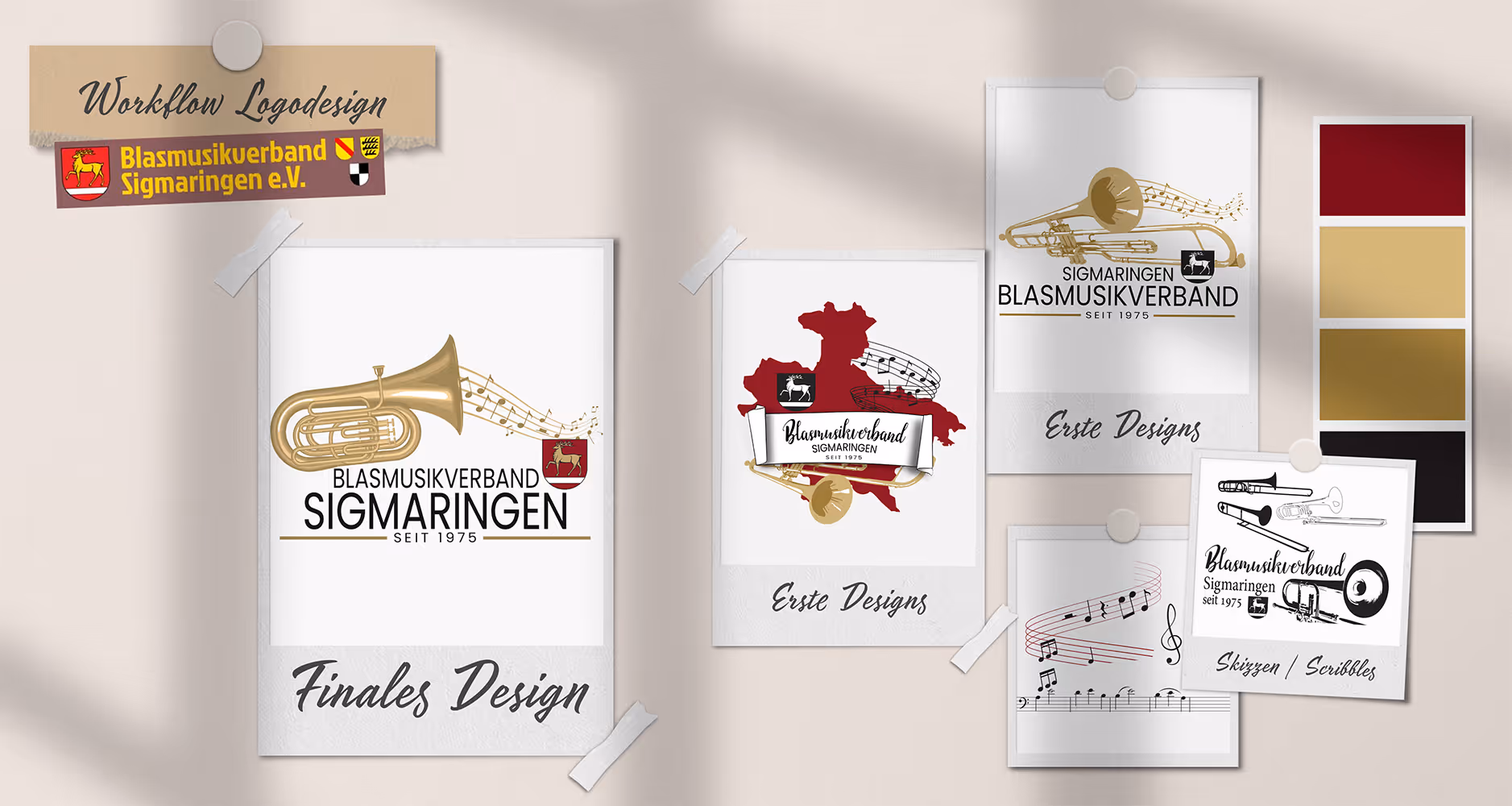 Entwicklungsprozess des Logo-Redesigns für den Blasmusikverband Sigmaringen mit Skizzen, Entwürfen und Farbpalette